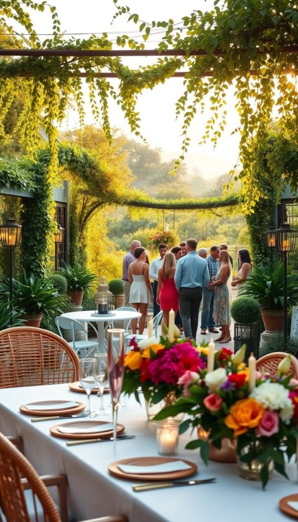 A lush and inviting garden party scene, captured in warm afternoon light. The foreground features an elegant table setting with colorful floral arrangements, candles, and woven rattan accents. In the middle ground, guests mingle amidst a whimsical mix of bistro chairs, vintage lanterns, and potted plants. The background reveals a dreamy landscape of trellised vines, trailing greenery, and a gentle sunset glow. The overall atmosphere exudes a sense of timeless charm and effortless sophistication, perfectly capturing the essence of a summer garden party.