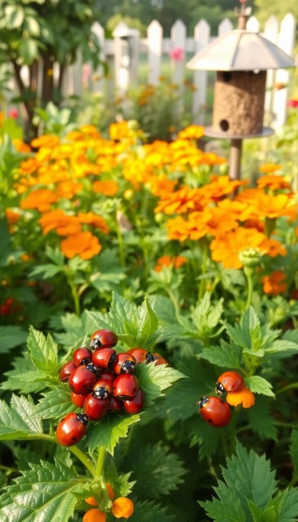 A lush and verdant garden scene, showcasing a variety of natural pest control methods. In the foreground, a cluster of ladybugs crawl across the leaves of a healthy plant, their crimson shells gleaming in the warm, diffused sunlight. In the middle ground, a vibrant patch of fragrant marigolds, their pungent aroma warding off unwanted pests. In the background, a thriving bird feeder attracts a flock of chirping songbirds, whose voracious appetites help to keep the garden's insect population in check. The overall composition exudes a sense of balance, harmony, and the beauty of nature's own self-regulating systems.