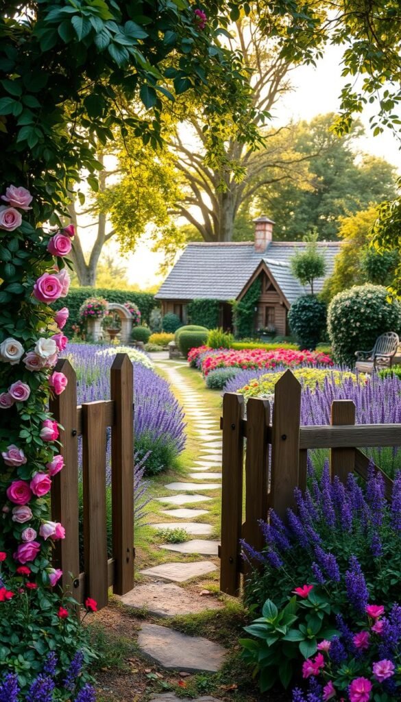 A lush and vibrant cottage garden, bursting with an abundance of colorful flowers and lush greenery. In the foreground, a charming wooden gate adorned with climbing vines and blooming roses, inviting you to step into this enchanting scene. The middle ground features a meandering path lined with fragrant lavender, leading the eye towards a cozy cottage nestled amidst a tapestry of perennials and shrubs. Soft, natural lighting filters through the canopy of trees, casting a warm, golden glow over the entire composition. The overall atmosphere exudes a sense of tranquility, nostalgia, and a deep appreciation for the beauty of nature, embodying the essence of the cottage garden ethos.
