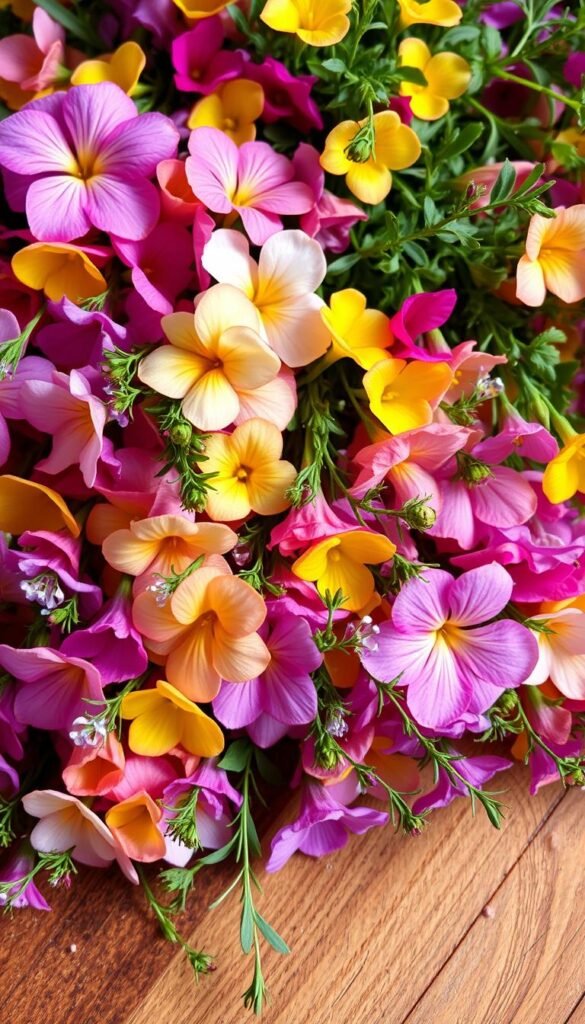 A lush and vibrant edible flower garden, bursting with colorful blooms in an elegant, natural arrangement. Delicate petals in shades of pink, yellow, and lavender cascade over a wooden table, accented by sprigs of fresh herbs and garnished with glistening water droplets. The lighting is soft and diffused, highlighting the intricate textures and capturing the serene, inviting atmosphere. The composition is balanced and visually appealing, showcasing the beauty and versatility of these culinary flowers, ready to be enjoyed in salads, teas, and as delightful garnishes.