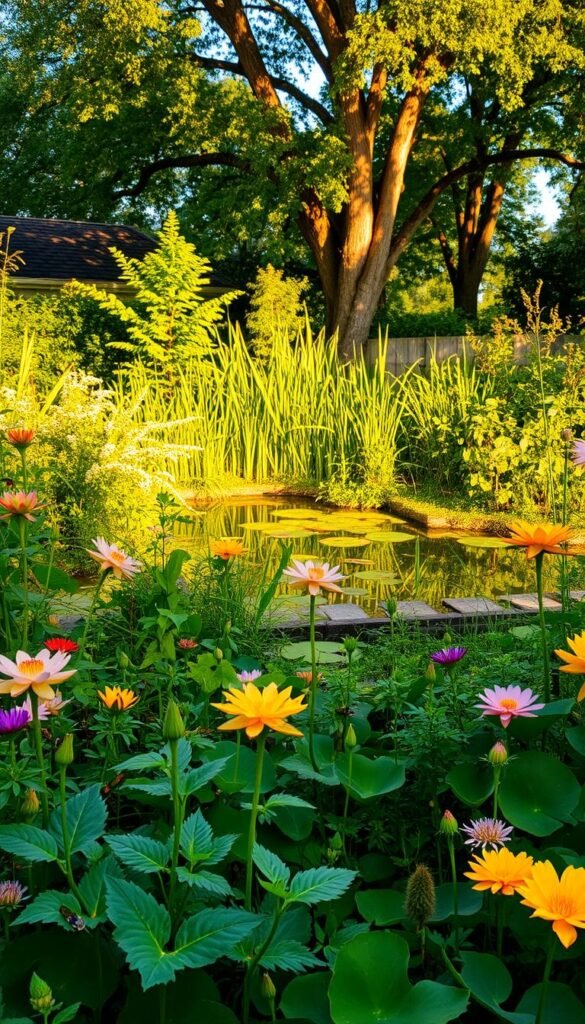 A lush and vibrant garden ecosystem, teeming with life and balance. In the foreground, an array of flourishing plants and flowers, their petals and leaves catching the warm, golden sunlight filtering through the canopy above. Nestled among the foliage, a diverse array of beneficial insects, from ladybugs to lacewings, playing their vital roles in maintaining the delicate equilibrium. In the middle ground, a small pond reflects the sky, its surface dotted with water lilies and surrounded by tall grasses, providing a habitat for frogs and dragonflies. Towering trees in the background cast gentle shadows, their branches home to singing birds and rustling leaves. The overall scene conveys a sense of harmony and natural abundance, a testament to the wonders of an organically managed garden ecosystem.
