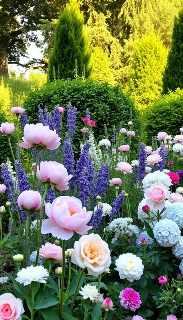 A lush and vibrant garden in soft hues, showcasing an array of seasonal blooms throughout the year. In the foreground, a carefully curated selection of pink peonies, delicate cherry blossoms, and fragrant roses stand tall, their petals gently swaying in the warm, diffused sunlight. The middle ground features a mix of complementary flowers, such as lavender, hydrangeas, and ranunculus, creating a harmonious color palette. In the background, a verdant backdrop of greenery, including leafy shrubs and towering trees, provides a natural and serene setting. The overall scene conveys a sense of tranquility and a celebration of the ever-changing beauty of nature's seasonal cycles.