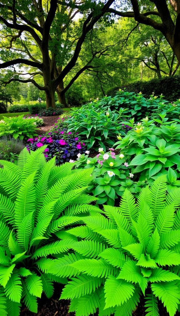 A lush and vibrant selection of shade-loving plants arranged in a naturalistic garden setting. In the foreground, clusters of healthy, verdant ferns and hostas in varying shades of green, their broad leaves gently swaying in a soft, diffused light. In the middle ground, delicate blooms of colorful impatiens and begonias add pops of color, complementing the rich, moist soil. The background features a canopy of mature trees, their dappled shadows casting a serene, tranquil atmosphere across the scene. The overall composition conveys a sense of harmony and thriving plant life in a shaded, protected environment.