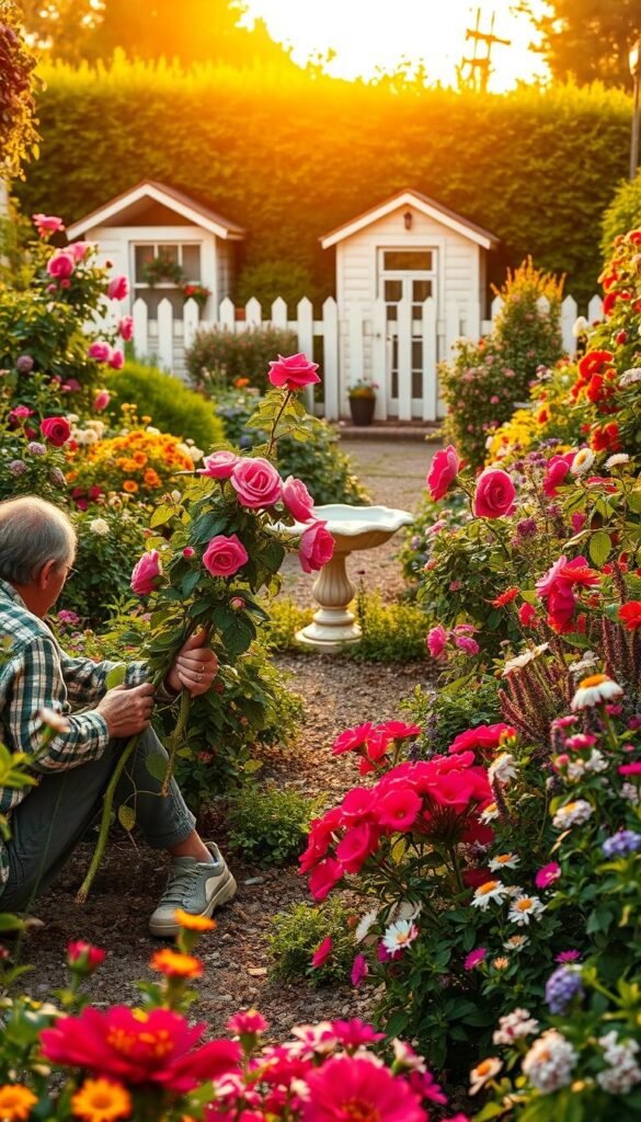 A lush and well-tended cottage garden, overflowing with vibrant blooms and greenery. In the foreground, a gardener kneels, carefully pruning a flourishing rose bush, bathed in warm golden light. The middle ground features a birdbath surrounded by a diverse array of perennials, their petals dancing in a gentle breeze. In the background, a picket fence frames the scene, leading the eye toward a charming potting shed and verdant hedgerows. The overall mood is one of tranquility and dedication, capturing the essence of long-lasting beauty through diligent garden maintenance.
