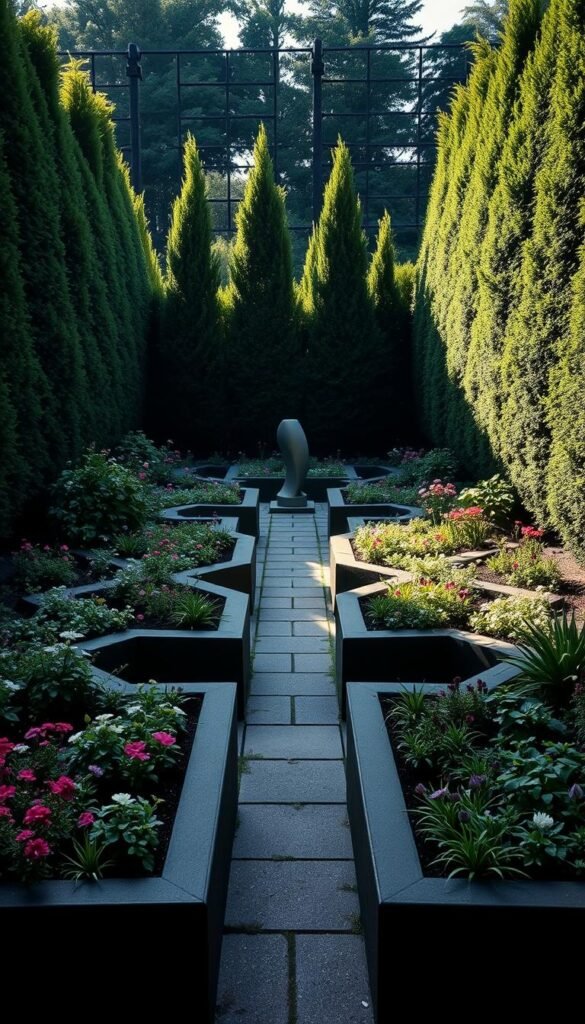 A lush, angular garden design featuring clean geometric shapes and lines. In the foreground, a series of intersecting raised garden beds with crisp edges, planted with a vibrant mix of flowers and greenery. In the middle ground, a central walkway of pavers leading to a focal point, such as a small water feature or sculptural element. The background is framed by tall, angular hedges or fences, casting dramatic shadows. The lighting is soft and diffused, creating a serene, contemplative atmosphere. The overall composition emphasizes balance, symmetry, and the interplay of light and shadow to maximize the visual impact within a limited garden space.