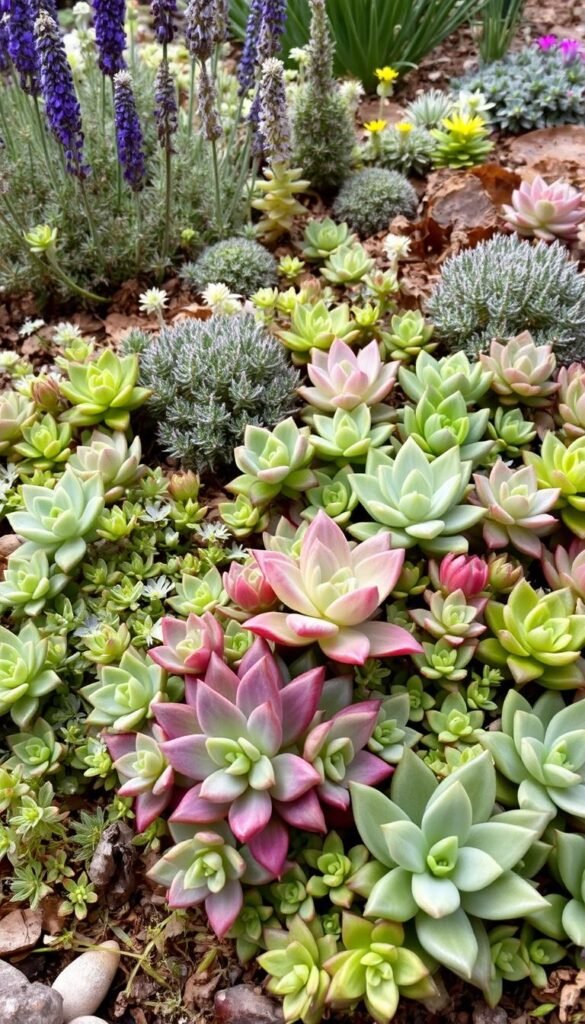 A lush arrangement of thriving succulent varieties in a natural, earthy setting. In the foreground, clusters of plump, vibrant rosettes in shades of green, purple, and pink nestle among small trailing plants with delicate leaves. The middle ground features taller, architectural succulents like echeveria and aeoniums, their spiky forms creating visual interest. In the background, a scattering of companion plants like lavender, thyme, and sedum add pops of color and texture, framed by a soft, diffused natural light. The overall scene conveys a sense of harmony and low-maintenance charm, perfect for an enchanting succulent fairy garden. A lush arrangement of thriving succulent varieties in a natural, earthy setting. In the foreground, clusters of plump, vibrant rosettes in shades of green, purple, and pink nestle among small trailing plants with delicate leaves. The middle ground features taller, architectural succulents like echeveria and aeoniums, their spiky forms creating visual interest. In the background, a scattering of companion plants like lavender, thyme, and sedum add pops of color and texture, framed by a soft, diffused natural light. The overall scene conveys a sense of harmony and low-maintenance charm, perfect for an enchanting succulent fairy garden.