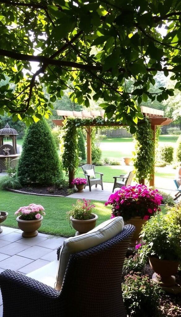 A lush backyard garden oasis, with a cozy seating area nestled among lush greenery and blooming flowers. The soft, natural light filters through the tree canopy, casting a warm glow over the scene. In the foreground, a comfortable wicker loveseat and armchair invite guests to relax and unwind. A small, decorative water feature adds soothing ambiance, while planters overflowing with vibrant foliage line the stone patio. In the middle ground, a wooden pergola draped with climbing vines creates a cozy, intimate gathering space. The background features a well-maintained lawn, complemented by mature trees and shrubs that provide privacy and tranquility, perfect for entertaining and enjoying the great outdoors.