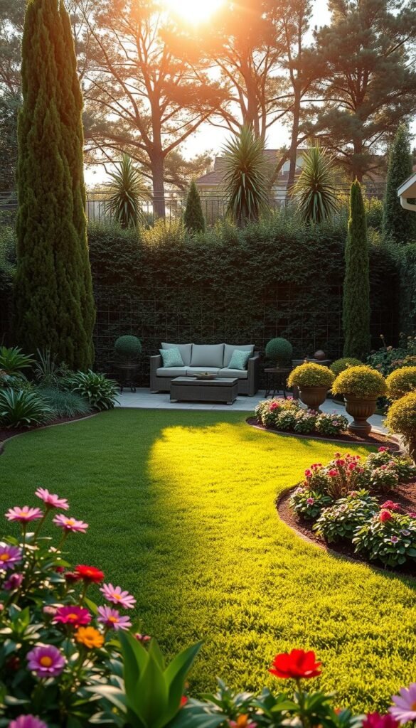 A lush backyard oasis, with a well-maintained lawn and strategically placed garden beds. The foreground showcases a range of plants, including vibrant flowers and neatly trimmed shrubs, creating a visually appealing and inviting atmosphere. In the middle ground, a cozy seating area with comfortable outdoor furniture invites relaxation, surrounded by carefully placed planters and garden ornaments. The background features a partially obscured fence or boundary, with tall trees and shrubs providing a sense of privacy and seclusion. The lighting is natural, with the sun casting a warm, golden glow across the scene, creating a serene and tranquil ambiance. The overall composition emphasizes the potential for improvement and transformation, guiding the viewer's attention to key areas that could be optimized for a more relaxing and enjoyable backyard retreat.