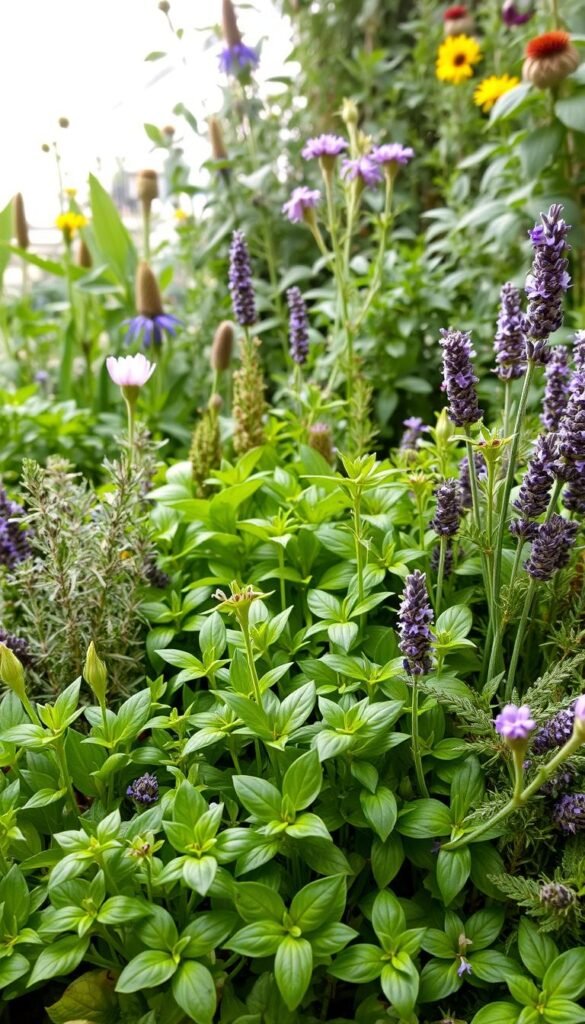 A lush, balanced herb garden with an aesthetic arrangement of culinary and medicinal plants. In the foreground, a variety of vibrant green leaves and delicate flowers, including basil, rosemary, thyme, and lavender, artfully positioned in a natural, harmonious manner. The middle ground features medium-sized plants like sage and oregano, their foliage creating a textured, layered effect. In the background, taller plants like lemon balm and echinacea rise up, framing the scene. The lighting is soft and diffused, casting gentle shadows and highlighting the plants' rich colors and intricate details. The overall composition conveys a sense of tranquility, with the herbs growing in a well-tended, visually appealing layout.