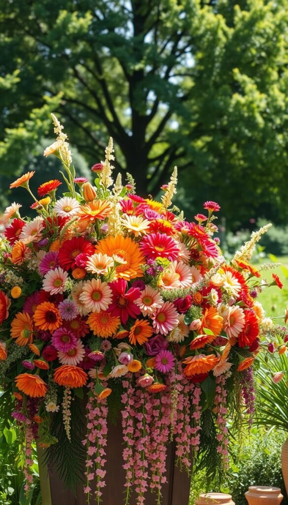 A lush, bountiful floral arrangement takes center stage, overflowing with vibrant blooms in warm summer hues - dahlias, zinnias, cosmos, and wildflowers intertwined with greenery. The display is captured in soft, natural lighting, creating a dreamy, romantic atmosphere. In the middle ground, delicate garlands of flowers cascade down, accentuating the abundance. The background features a verdant, sun-dappled garden, with shadowy trees providing a serene, natural backdrop. An overall sense of abundance, warmth, and celebration emanates from the scene, perfectly complementing the "Fabulous Floral Arrangements and Natural Accents" theme.