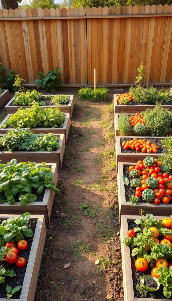 A lush, bountiful vegetable garden layout unfolds, with raised garden beds neatly arranged in a symmetrical pattern. The beds are filled with a vibrant assortment of vegetables, from leafy greens to plump tomatoes and crisp carrots, their colors popping against the rich, dark soil. A path winds through the center, inviting exploration, while a wooden fence in the background frames the scene, giving it a sense of enclosure and purpose. Warm, natural lighting bathes the garden, casting a soft, inviting glow and accentuating the textures of the plants. The overall composition conveys a sense of harmony, efficiency, and the joy of homegrown produce.
