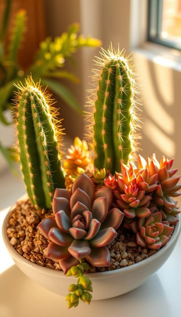 A lush cactus and a vibrant succulent, both in a carefully curated dish garden. The cactus, with its sharp, spiny exterior, stands tall and proud, while the succulent, with its plump, velvety leaves, cascades gracefully. Warm, golden light bathes the scene, casting soft shadows that highlight the unique textures and forms of these two distinct plant varieties. The composition is balanced, with the cactus and succulent positioned to create a visually striking contrast. The overall mood is one of natural harmony, inviting the viewer to appreciate the subtle differences between these two captivating plant species.