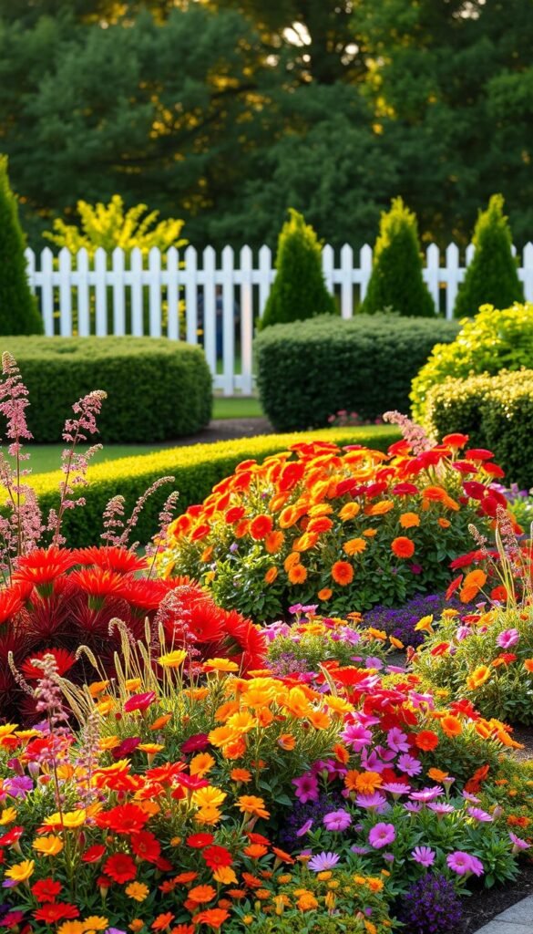 A lush, color-coordinated garden with vibrant flower beds nestled in a well-manicured yard. Bursts of reds, oranges, and yellows mingle with soft pinks and purples, creating a visually striking palette. The foreground features a mix of tall, swaying blooms and low-growing groundcover, while the middle ground showcases neatly trimmed hedges and shrubs that frame the scene. In the background, a picket fence and a verdant tree line set the stage for this inviting outdoor oasis, bathed in warm, golden afternoon light. The overall composition conveys a sense of harmony, balance, and attention to detail, making it the perfect focal point for a welcoming front yard garden.