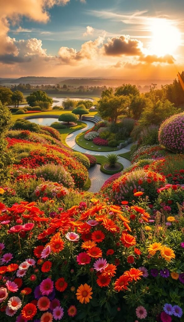 A lush, colorful garden in full bloom, captured from a high angle overlooking the vibrant landscape. The foreground is a tapestry of diverse flowers in a riot of hues - from vivid reds and oranges to soft pinks and purples, complemented by verdant foliage. In the middle ground, winding paths lead the eye through the garden, inviting the viewer to explore. The background features a tranquil pond or stream, its surface reflecting the surrounding colors. Warm, golden sunlight filters through wispy clouds, casting a gentle glow over the entire scene and creating a sense of warmth and vitality. The overall composition evokes a serene, aesthetically pleasing garden oasis, perfectly capturing the essence of a vibrant, colorful landscape.