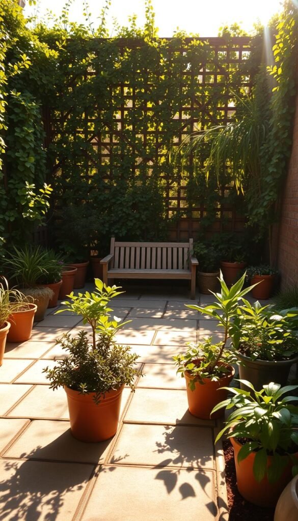 A lush, compact garden bathed in warm, golden sunlight. In the foreground, a tidy arrangement of potted plants casts intricate shadows on the paving stones below. The middle ground features a small seating area, its wooden furniture dappled with dancing light. In the background, a trellis-covered wall acts as a verdant backdrop, the sunlight filtering through the foliage to create a gentle, serene ambiance. The scene is captured with a wide-angle lens, emphasizing the cozy, intimate feel of the space. The overall mood is one of tranquility and an appreciation for the beauty that can be found in even the most limited of garden areas.
