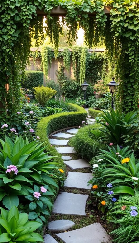 A lush, compact garden design with a harmonious balance of vibrant foliage, delicate blooms, and meandering pathways. In the foreground, a diverse array of verdant plants, including ferns, hostas, and flowering perennials, create a serene and inviting atmosphere. The middle ground features a winding stone path, bordered by neatly trimmed hedges and cascading vines, leading the eye deeper into the verdant oasis. In the background, the garden is framed by a wooden fence or trellis, draped with cascading greenery and accented by the warm glow of natural lighting, casting a soft, romantic ambiance over the entire scene. The overall composition evokes a sense of tranquility, beauty, and the efficient use of limited space.