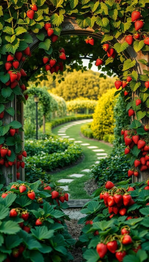 A lush, cottage-style garden archway draped in cascading vines and clusters of plump, ripe strawberries. The archway, crafted from weathered wood and ornate metalwork, frames a winding path leading deeper into the verdant landscape. Soft, warm lighting filters through the greenery, casting a gentle glow on the scene. In the foreground, vibrant strawberry plants with glossy leaves and juicy red berries dot the neatly tended garden beds. A sense of peaceful tranquility and bucolic charm pervades the atmosphere, inviting the viewer to step through the archway and explore the enchanting strawberry oasis beyond.