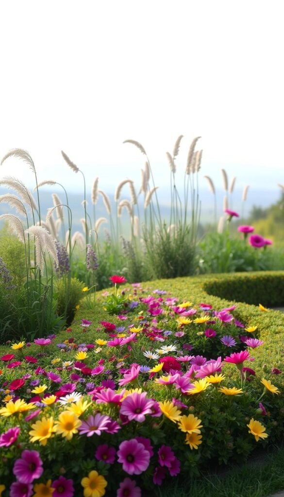 A lush, curved garden bed design, showcasing a harmonious arrangement of vibrant flowers. The foreground features a flowing, organic shape, with a mix of colorful blooms in shades of pink, purple, and yellow, arranged in a naturalistic, asymmetrical pattern. The middle ground includes taller, swaying perennials that add depth and texture, while the background features a soft, blurred landscape, hinting at a serene, natural setting. The lighting is soft and diffused, creating a warm, inviting atmosphere. The composition is captured from a slightly elevated angle, highlighting the graceful curves and the overall sense of tranquility and balance.
