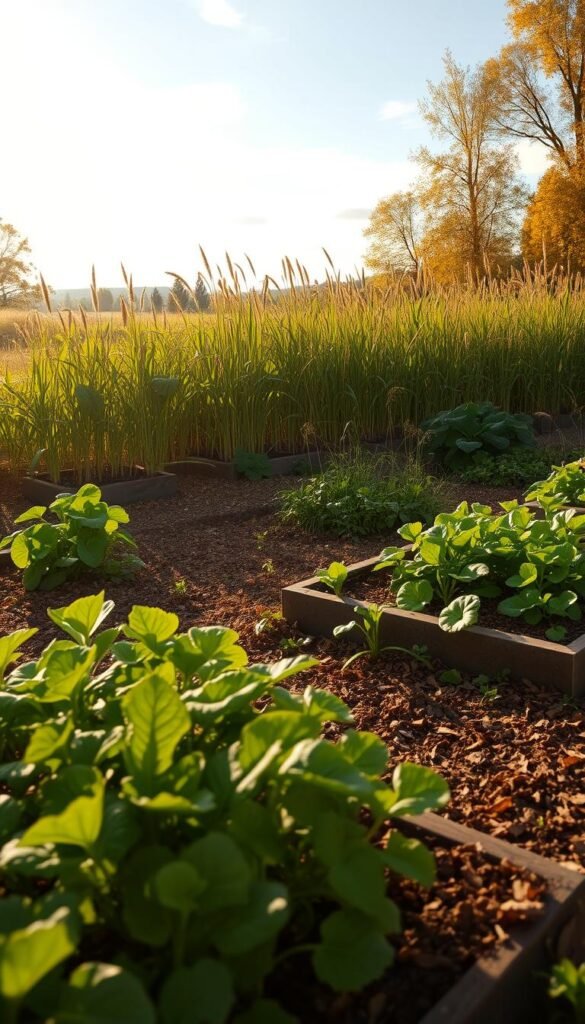 A lush, customizable no-till garden nestled in a serene autumn landscape. The foreground showcases a variety of thriving vegetable plants, their leaves gently swaying in a soft breeze. In the middle ground, raised garden beds are lined with a thick layer of mulch, creating a rich, moisture-retaining environment. Tall, verdant cover crops, such as clover and rye, fill the background, their deep roots working to improve soil structure and fertility. Warm, golden sunlight filters through wispy clouds, casting a cozy glow over the entire scene. The camera angle is slightly elevated, providing a panoramic view of this sustainable, low-maintenance gardening oasis, ready to yield an abundant spring harvest.