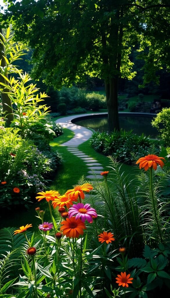A lush, dappled garden with a serene ambiance. In the foreground, a variety of vibrant shade-loving flowers bloom, their petals gently kissed by warm, filtered sunlight. The middle ground showcases a meandering path, flanked by verdant foliage and delicate ferns. In the background, a tranquil pond reflects the interplay of light and shadow, creating a sense of depth and visual harmony. The overall composition evokes a peaceful, inviting atmosphere, perfect for a shaded oasis where shade-tolerant flora thrives.