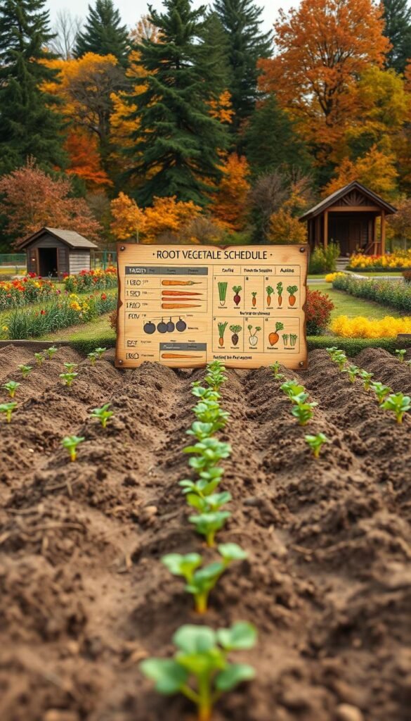 A lush, detailed garden illustration showcasing a seasonal root vegetable planting schedule. In the foreground, rows of freshly tilled soil with precisely spaced planting holes, ready to welcome carrot, beet, and radish seedlings. The middle ground features a weathered wooden planting guide, its informative text and diagrams clearly visible. In the background, a vibrant autumnal landscape with towering trees, a quaint garden shed, and a warm, golden light filtering through the scene. The overall mood is one of organized productivity and the joy of growing your own nourishing winter crops. Captured with a wide-angle lens, the composition emphasizes the harmony between planning, planting, and the natural world.