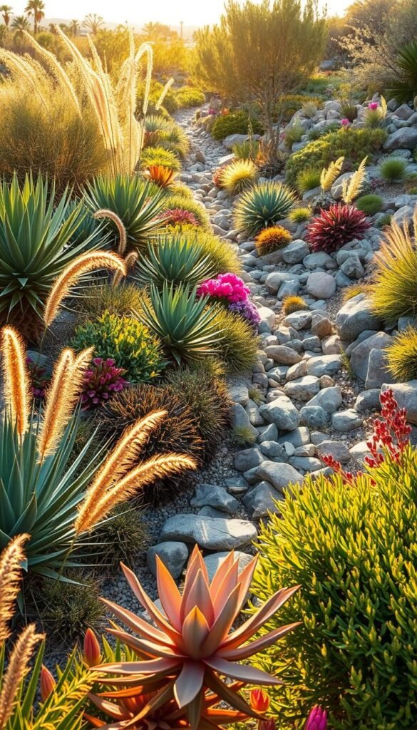 A lush, drought-tolerant garden filled with vibrant, water-wise plants. In the foreground, native succulents and ornamental grasses sway gently in the breeze. The middle ground features sculptural agave and cascading yucca, their architectural forms creating visual interest. In the background, a dry creek bed winds through the landscape, lined with polished river rocks and drought-tolerant shrubs. Warm, golden sunlight filters through the scene, casting long shadows and creating a serene, calming atmosphere. The overall composition evokes a harmonious, eco-friendly landscape that celebrates the beauty of water-wise design.
