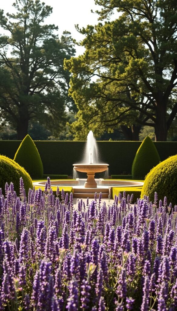 A lush, elegant French garden showcasing iconic ornamental plants in soft, warm sunlight. In the foreground, a well-manicured bed featuring dense clusters of fragrant lavender, rosemary, and thyme. In the middle ground, stately boxwood hedges frame a central fountain, its gentle spray casting a mist over the scene. In the background, towering plane trees and magnolias provide a verdant canopy, their branches swaying gently. The composition is balanced and symmetrical, reflecting the order and refinement of French garden design. A sense of tranquility and timeless beauty pervades the image.