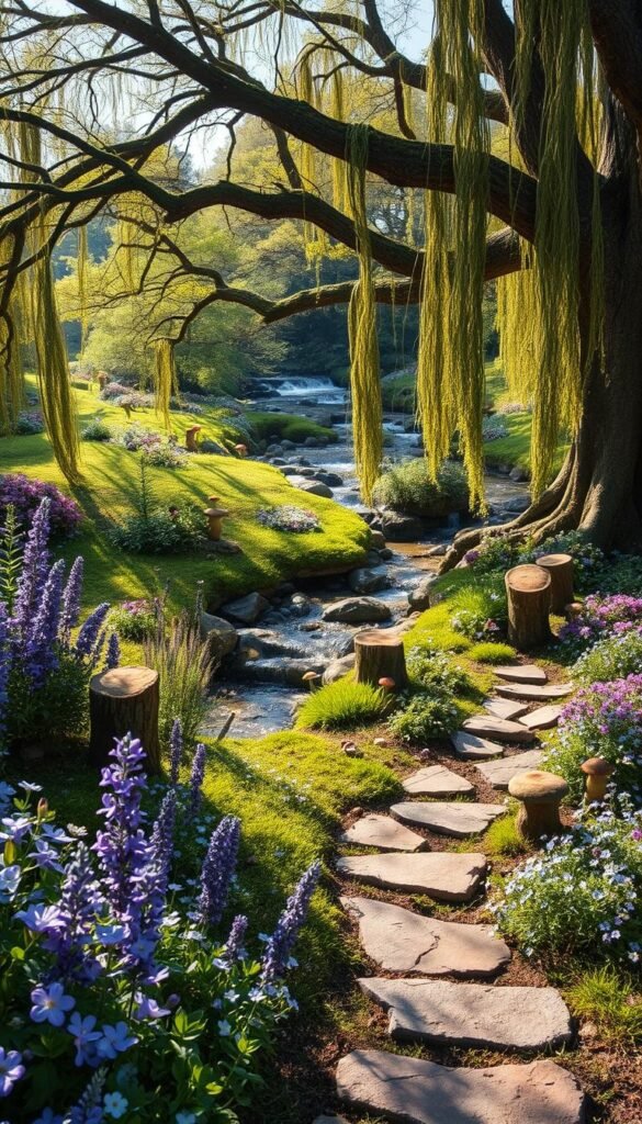 A lush, enchanted fairy garden in a sun-dappled clearing. In the foreground, a whimsical stone path winds through a profusion of vibrant flowers - delicate lavender, fragrant lilacs, and blooming forget-me-nots. Mossy tree stumps and mushrooms dot the landscape, hinting at the presence of tiny, ethereal beings. In the middle ground, a burbling stream gurgles over glistening rocks, its banks lined with verdant ferns and trailing vines. Overhead, the branches of ancient oaks and willows sway gently, casting a warm, golden glow over the scene. An air of tranquility and wonder permeates the idyllic fairy realm.