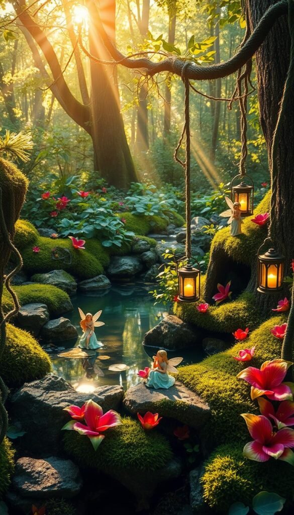 A lush, enchanted fairy garden nestled in a sun-dappled forest clearing. Verdant moss-covered stones and twisted vines frame a tranquil pond, its surface reflecting the vibrant hues of exotic blooms. Delicate fairy figurines perch among the delicate petals, their whimsical poses imbuing the scene with a sense of timeless wonder. Shafts of warm, golden light filter through the canopy above, casting a magical glow over the entire tableau. Fairy lanterns sway gently in the soft breeze, their flickering lights illuminating the intricate details of this enchanting hidden oasis. A dreamlike atmosphere of peace and serenity pervades the scene, inviting the viewer to step into this captivating fairy realm.