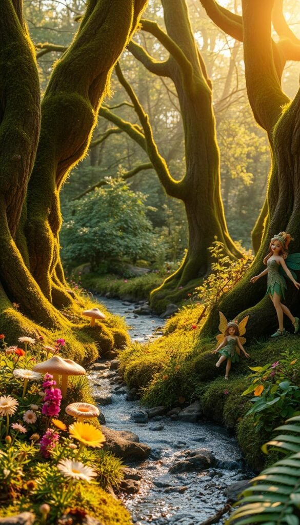 A lush, enchanted forest glade bathed in soft, golden afternoon light. Gnarled, moss-covered trees surround a clearing dotted with vibrant wildflowers and delicate mushrooms. A sparkling stream winds through the scene, its banks lined with fragrant ferns and flowering vines. Whimsical, life-sized fairy figurines emerge from the undergrowth, their intricate detailing and magical poses capturing the wonder of the fairytale setting. Magical fireflies dance in the air, their flickering lights adding an ethereal quality. The overall atmosphere is one of tranquility, imagination, and a touch of mystery, inviting the viewer to step into this enchanting outdoor oasis.