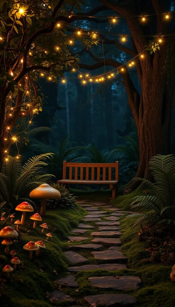 A lush, enchanted garden at twilight, bathed in a warm, magical glow. Delicate fairy lights twinkle amidst a canopy of verdant foliage, casting a soft, ethereal light over the mossy stone pathways winding through the scene. Whimsical mushrooms and towering ferns populate the foreground, their details illuminated by the flickering lights. In the middle ground, a weathered, wooden bench sits nestled between ancient tree trunks, inviting the viewer to pause and soak in the serene ambiance. The background fades into a dusky, dreamlike forest, hinting at the mysteries that lie beyond. The overall mood is one of tranquility, wonder, and a touch of the supernatural.