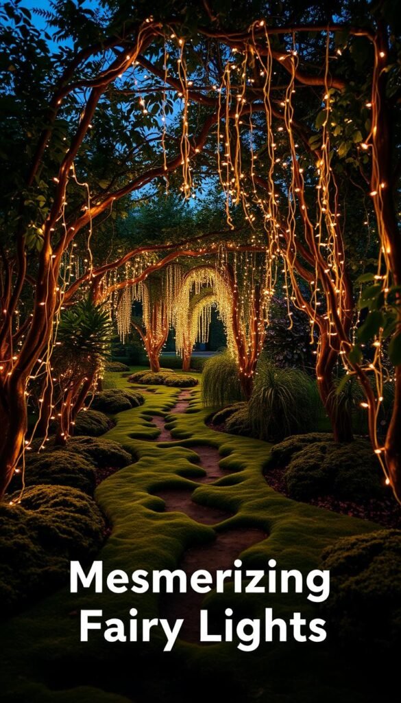 A lush, enchanted garden at twilight, with a mesmerizing display of fairy lights cascading from the trees and shrubs. The warm glow of the lights creates a soft, dreamy atmosphere, casting delicate patterns on the mossy ground. The scene is captured with a wide-angle lens, showcasing the depth and scope of the installation. Delicate, ambient lighting accentuates the natural textures and colors of the foliage, while the fairy lights add a touch of whimsical magic. The result is a captivating, immersive visual that evokes a sense of wonder and tranquility, perfectly suited to illustrate the "DIY Tips for Creating Mesmerizing Fairy Lights" section of the "Enchanted Garden Aesthetic" article.