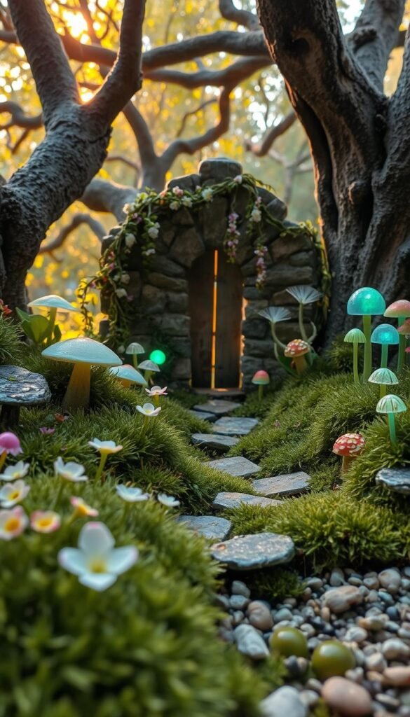 A lush, enchanted miniature garden with whimsical details. In the foreground, delicate fairy-sized flowers bloom amidst a carpet of soft moss and tiny pebbles. The middle ground features intricate stone paths winding through shimmering, translucent mushrooms and glowing, bioluminescent fungi. In the background, a mystical stone archway is draped with cascading vines and delicate flowers, creating an inviting portal to a hidden realm. Warm, diffused sunlight filters through the canopy of ancient, gnarled trees, casting a magical glow over the scene. The overall atmosphere is one of enchantment, wonder, and a sense of discovery.