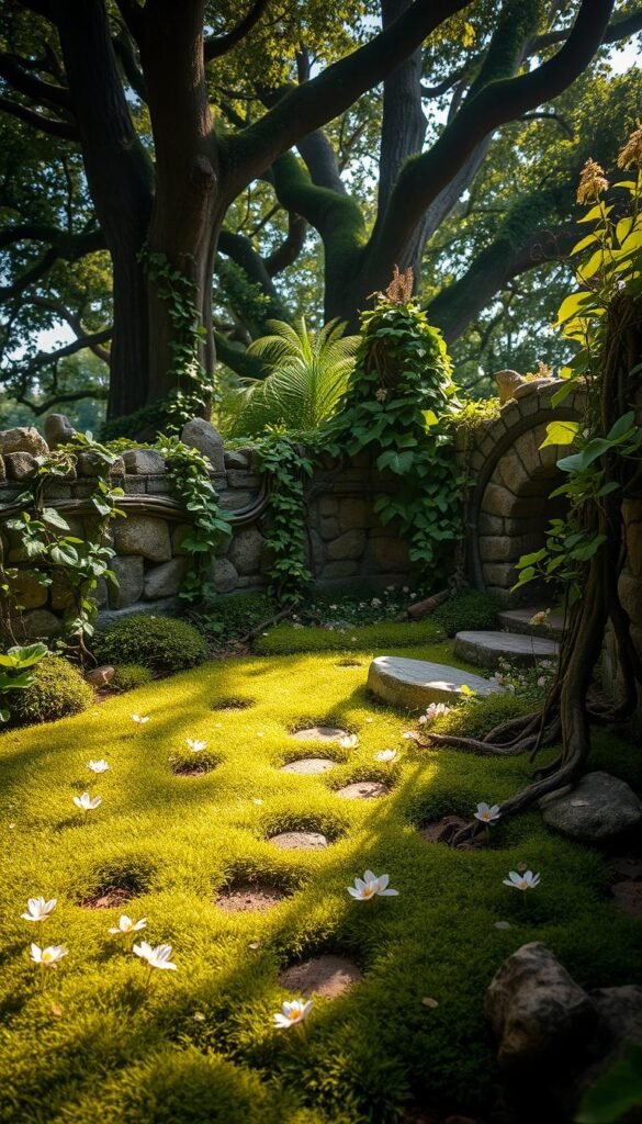 A lush, enchanting fairy garden brimming with a harmonious blend of natural textures. In the foreground, a soft, mossy carpet is peppered with delicate wildflowers, their petals gently swaying in a warm, diffused light. Intertwined vines and ferns climb over weathered stone walls, creating a tapestry of verdant hues and organic shapes. Dappled sunlight filters through a canopy of ancient trees, casting intricate patterns on the ground below. Smooth river pebbles, gnarled tree roots, and shimmering dewdrops add layers of tactile interest, inviting the viewer to reach out and touch the scene. An atmosphere of whimsical magic and serene tranquility permeates this tranquil fairy oasis.