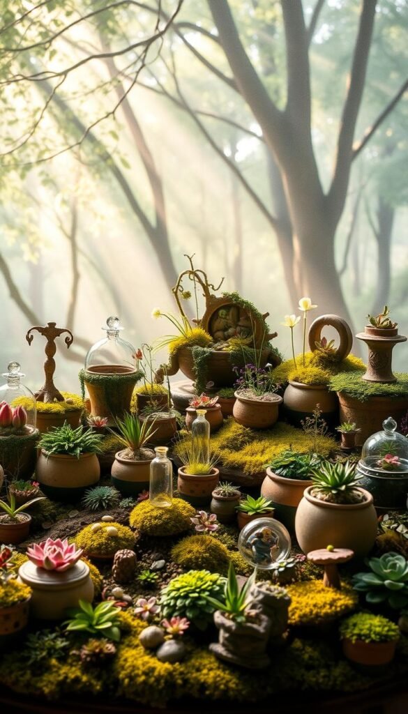 A lush, enchanting fairy garden container display set against a soft, dreamlike backdrop. In the foreground, an array of whimsical pots, planters, and terrariums, each meticulously crafted with intricate botanical details and a touch of magical realism. The middle ground features a diverse selection of miniature plants, mosses, and delicate flora, creating a harmonious tapestry of textures and hues. In the background, a serene woodland scene with dappled sunlight filtering through the trees, evoking a sense of tranquility and wonder. The overall composition is bathed in a warm, golden glow, casting a magical spell and inviting the viewer to step into this captivating miniature wonderland.