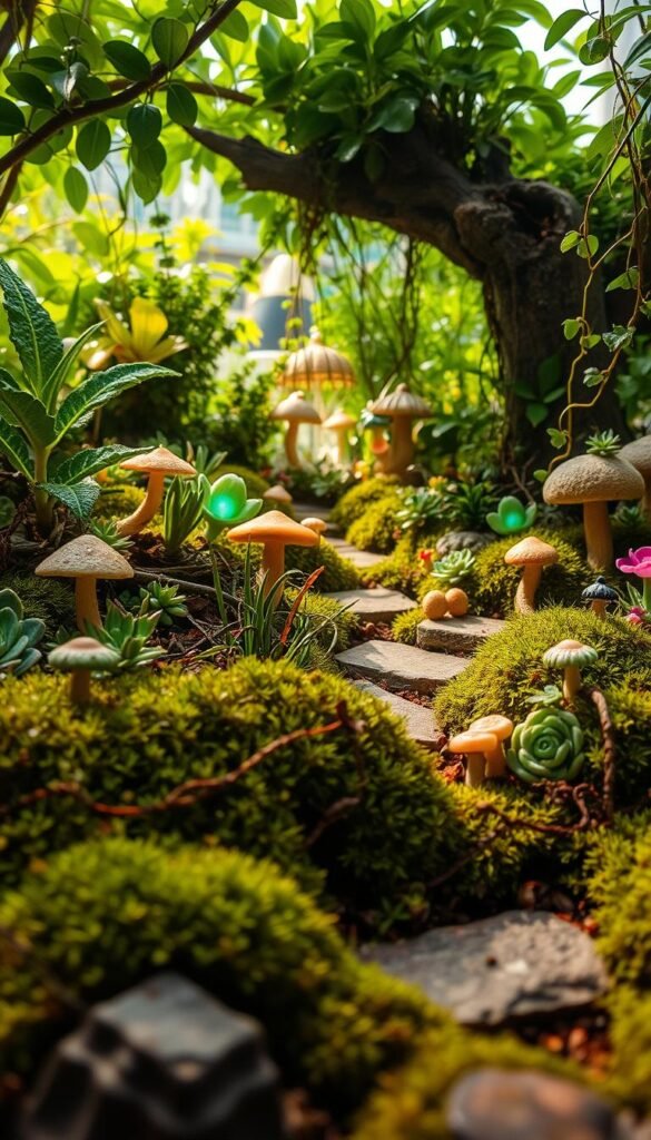 A lush, enchanting fairy garden filled with a vibrant array of miniature plants. In the foreground, a delicate arrangement of delicate mosses, ferns, and tiny succulents spill over the edges of a weathered stone path. In the middle ground, clusters of tiny mushrooms, glowing bioluminescent flowers, and whimsical toadstools dot the scene. In the background, a dense canopy of verdant leaves and trailing vines create a magical, sun-dappled atmosphere. Soft, directional lighting casts a warm, ethereal glow, highlighting the intricate textures and vibrant colors of the fairy garden plants. A wide-angle lens captures the full depth and scale of this captivating miniature world.