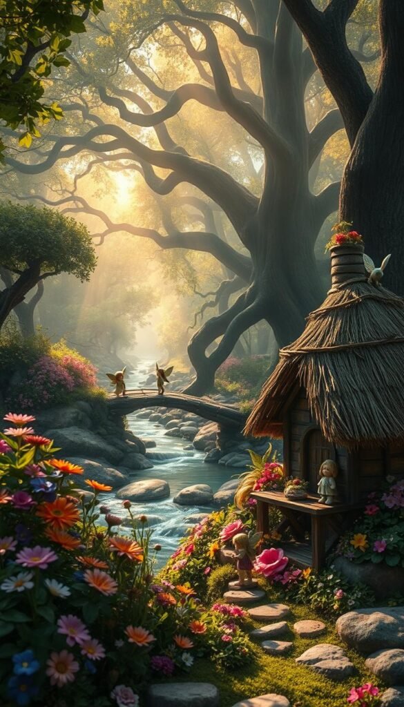 A lush, enchanting fairy garden from the mists of history. In the foreground, a whimsical thatched-roof cottage nestled among vibrant blooms and delicate fairy figurines. The middle ground reveals a babbling brook spanned by a rustic wooden bridge, where tiny winged creatures flit about. The background showcases an ancient forest canopy, dappled with shafts of warm, golden light filtering through the leaves. The scene evokes a sense of timeless wonder and mystical charm, as if plucked from the pages of an illustrated storybook.