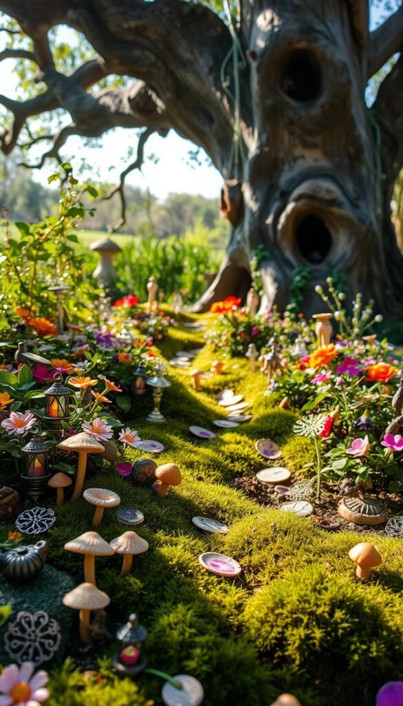 A lush, enchanting fairy garden in dappled afternoon light, with delicate clusters of miniature accents scattered throughout. In the foreground, a smattering of tiny mushrooms, glowing glass lanterns, and intricate metal filigree. In the middle ground, a mossy path winds through a riot of vibrant flowers and delicate vines. Towering in the background, a gnarled tree with hollows and knotholes, hinting at the hidden magic within. The scene exudes a sense of wonder and whimsy, inviting the viewer to step inside this enchanted world of fairy-tale delights.