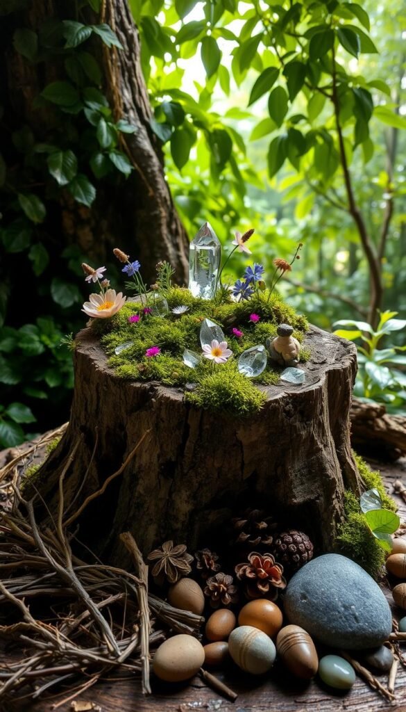 A lush, enchanting fairy garden showcasing a weathered tree stump as its centerpiece. The stump is adorned with delicate moss, vibrant wildflowers, and glistening crystals, creating a captivating natural wonder. Soft, diffused light filters through the canopy of verdant leaves, casting a warm, dreamlike glow across the scene. In the foreground, an array of natural materials – twigs, pinecones, acorns, and stones – are carefully arranged, suggesting the tools and ingredients needed to craft this magical oasis. The overall composition evokes a sense of whimsy, inviting the viewer to step into this enchanted woodland realm.