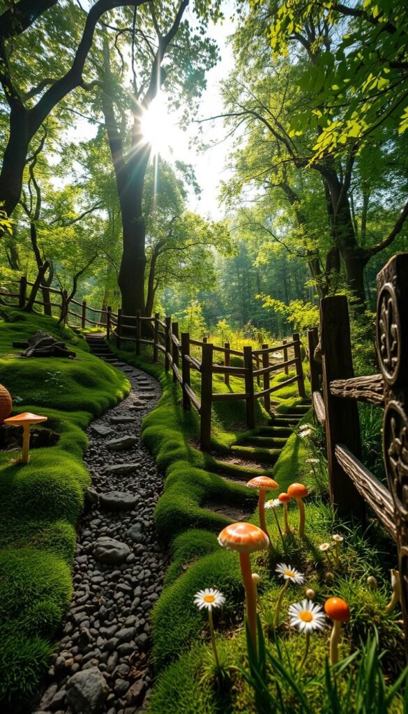 A lush, enchanting fairy garden with winding natural pathways. Sunlight filters through the verdant canopy of towering trees, casting a warm, magical glow on the mossy, pebbled trails below. Delicate wildflowers and whimsical toadstools line the pathways, creating a whimsical, fairytale-like atmosphere. A wooden fence with intricate carved patterns meanders through the scene, guiding visitors deeper into this captivating, otherworldly landscape. The camera angle is low, immersing the viewer in the tranquil, mystical ambiance of this serene fairy garden oasis.