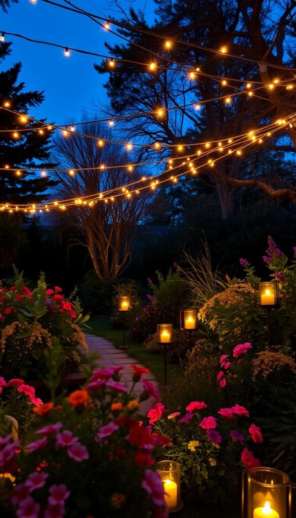A lush, enchanting garden at dusk, bathed in a warm, magical glow. Delicate strings of twinkling fairy lights crisscross overhead, casting a soft, ambient light. Flickering candles in glass lanterns dot the pathways, creating an intimate, cozy atmosphere. Clusters of colorful, blooming flowers in the foreground add pops of vibrant color, while wispy trees and shrubbery in the background set a serene, natural backdrop. The entire scene is imbued with a sense of wonder and whimsy, perfect for an outdoor summer celebration.