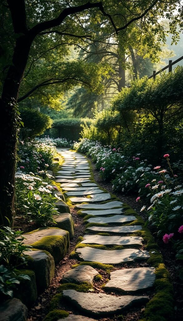 A lush, enchanting garden layout with winding, meandering pathways that beckon exploration. Delicate foliage and blooming flowers line the paths, creating a sense of privacy and seclusion. Dappled sunlight filters through the canopy of trees, casting a warm, magical glow over the scene. Mossy stones and weathered stepping stones guide the viewer through the tranquil landscape, inviting them to discover hidden nooks and tranquil retreats. The composition is balanced and harmonious, with a depth of field that draws the eye deeper into the idyllic setting. An atmospheric, dreamlike quality permeates the image, evoking a sense of timeless wonder and escape.
