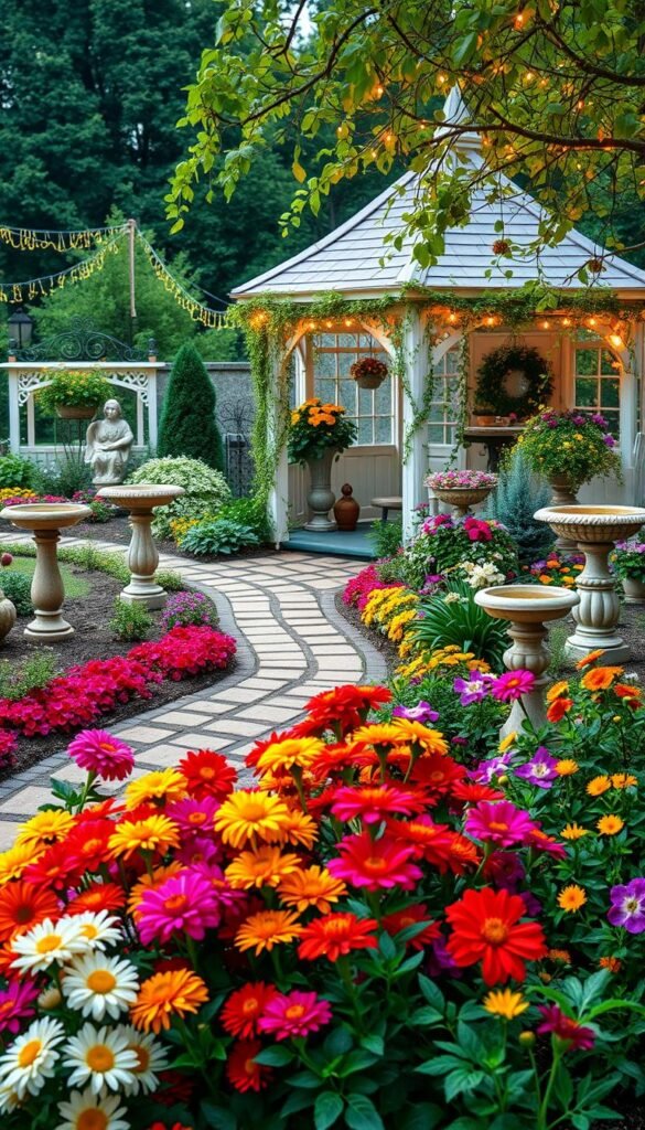 A lush, enchanting garden scene featuring an array of seasonal decor ideas. In the foreground, a vibrant flower bed bursts with colorful blooms - chrysanthemums, marigolds, and petunias. Winding pathways lead through the middle ground, lined with decorative garden statues, birdbaths, and ornamental planters. In the background, a charming gazebo adorned with trailing vines and twinkling string lights sets the mood for an inviting outdoor oasis. The soft, warm lighting casts a cozy, magical glow over the entire scene, creating an idyllic and inspirational Bloxburg-style garden retreat.