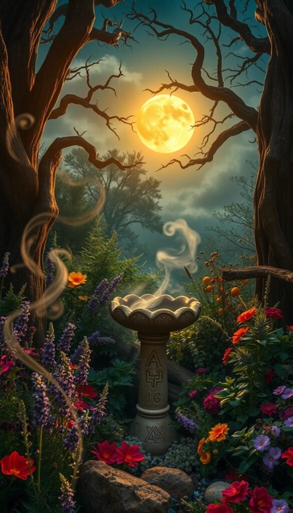 A lush, enchanting witch's garden filled with vibrant blooms and mystical elements. In the foreground, a collection of carefully curated herbs and flowers - lavender, sage, rosemary, and nightshade - arranged in a captivating display. Tendrils of mist drift through the scene, illuminated by a warm, golden glow emanating from above, creating an otherworldly ambiance. In the middle ground, a weathered stone birdbath stands as a central focal point, adorned with carved runes and intricate patterns. Overhead, the night sky is aglow with a full, luminous moon, casting a soft, ethereal light across the garden. Towering trees with twisted, gnarled branches frame the edges of the frame, heightening the sense of mysticism and enchantment.