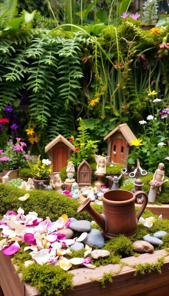 A lush fairy garden filled with an array of enchanting materials and tools. In the foreground, delicate flower petals, mossy stones, and a small watering can rest upon a wooden garden crate. The middle ground showcases a variety of miniature garden ornaments, including tiny fae figurines, a set of miniature gardening shears, and a miniature fairy door. In the background, a verdant array of ferns, vines, and vibrant wildflowers create a whimsical, natural backdrop, illuminated by soft, natural lighting that casts a warm, magical glow over the scene. The overall atmosphere exudes a sense of tranquility, wonder, and the boundless possibilities of a fairy-inspired outdoor oasis.