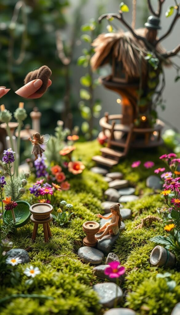 A lush fairy garden in soft, natural light, with a step-by-step process unfolding across the frame. In the foreground, delicate fairy figurines assemble miniature furniture from repurposed household items - a spool becomes a stool, a bottle cap a bowl. The middle ground features a winding path lined with vibrant wildflowers, mossy stones, and twinkling fairy lights. In the background, a whimsical treehouse with a thatched roof and hanging vines provides a magical backdrop. The scene conveys a sense of wonder, enchantment, and the joy of crafting a fairy oasis from everyday objects.