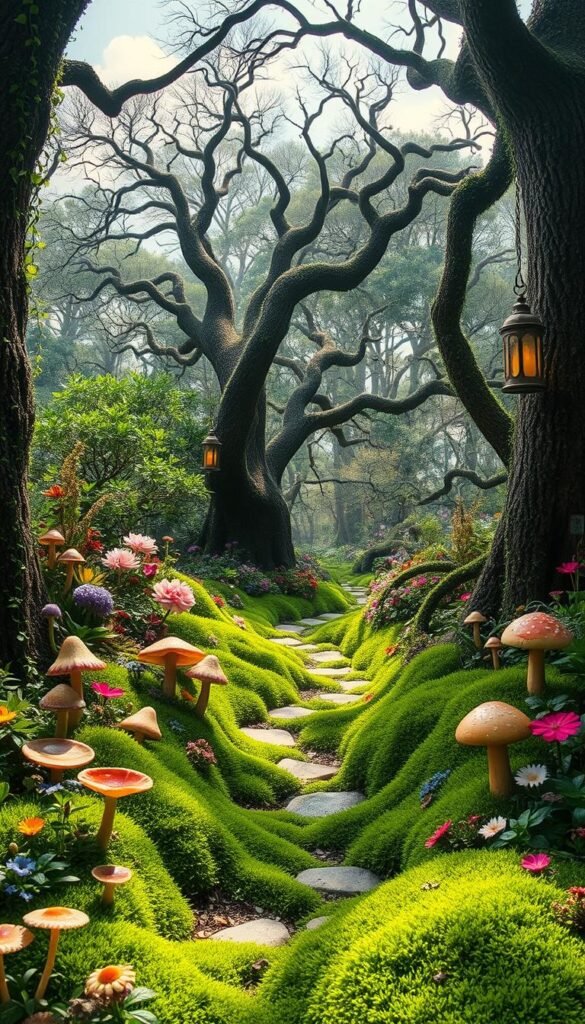 A lush, fairycore garden design with whimsical elements. In the foreground, a vibrant floral tapestry of colorful blooms, mushrooms, and trailing vines, illuminated by soft, dappled sunlight. In the middle ground, a winding path leads through a verdant, moss-covered landscape, flanked by enchanting toadstools and delicate fairy lanterns. In the background, a forest of towering, twisted trees frames the scene, their branches reaching up towards a sky of wispy, pastel clouds. The overall atmosphere is one of tranquil enchantment, inviting the viewer to step into a magical, otherworldly oasis.