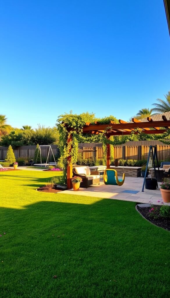 A lush, family-friendly backyard oasis, bathed in warm afternoon sunlight. In the foreground, a well-maintained lawn dotted with colorful flowers and a playful swing set. The middle ground features a stone patio with a cozy outdoor seating area, a wooden pergola draped in climbing vines. In the background, a neatly landscaped garden with a mix of native plants, a bubbling water feature, and a low fence that blends seamlessly with the surrounding greenery. The overall scene exudes a sense of calm, inviting relaxation and quality time for both children and adults.