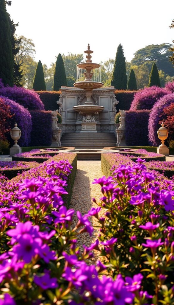 A lush, formal garden in shades of royal purple. In the foreground, a symmetrical arrangement of vibrant purple flowers, their petals shimmering in the warm afternoon light. The middle ground features a neatly manicured hedgerow, its geometric lines accentuating the regal design. In the background, a magnificent stone fountain stands as the centerpiece, water cascading down its ornate layers. The scene is bathed in a soft, golden glow, creating an air of refined elegance. Carefully placed decorative urns and classical statues add to the sense of timeless sophistication. The overall composition exudes a sense of grandeur and refined taste, befitting a royal estate.