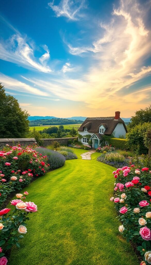 A lush, formal garden with a traditional cottage feel. In the foreground, a meticulously manicured lawn bordered by rows of vibrant, fragrant roses in shades of pink, red, and white. In the middle ground, a winding stone path leads to a charming, whitewashed cottage with a thatched roof, surrounded by cascading flower beds overflowing with lavender, peonies, and hydrangeas. The background features a picturesque, rolling countryside landscape, with a clear blue sky overhead, illuminated by warm, golden sunlight filtering through wispy clouds. The overall scene evokes a timeless, quintessential English garden, exuding a sense of elegance, tranquility, and timeless beauty.
